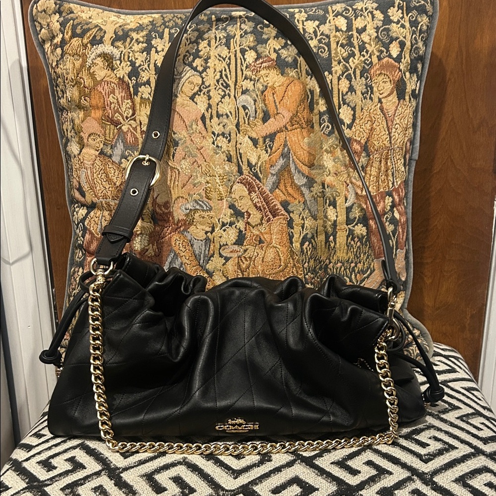 Coach Black Leather Shoulder Bag with Gold Chain